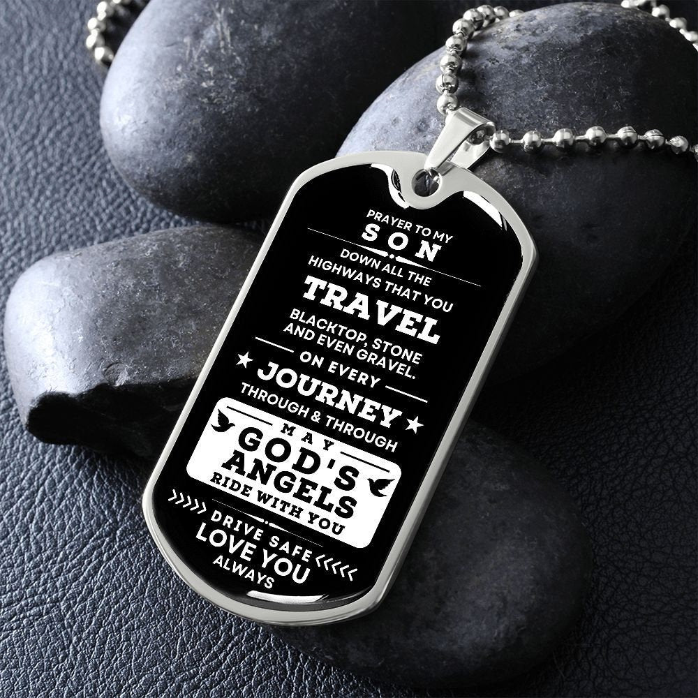 Prayer Necklace Gift To My Son - Dog Tag Drive Safe, From Dad, From Mom, Christmas, Birthday, Graduation, Best Gift for Son
