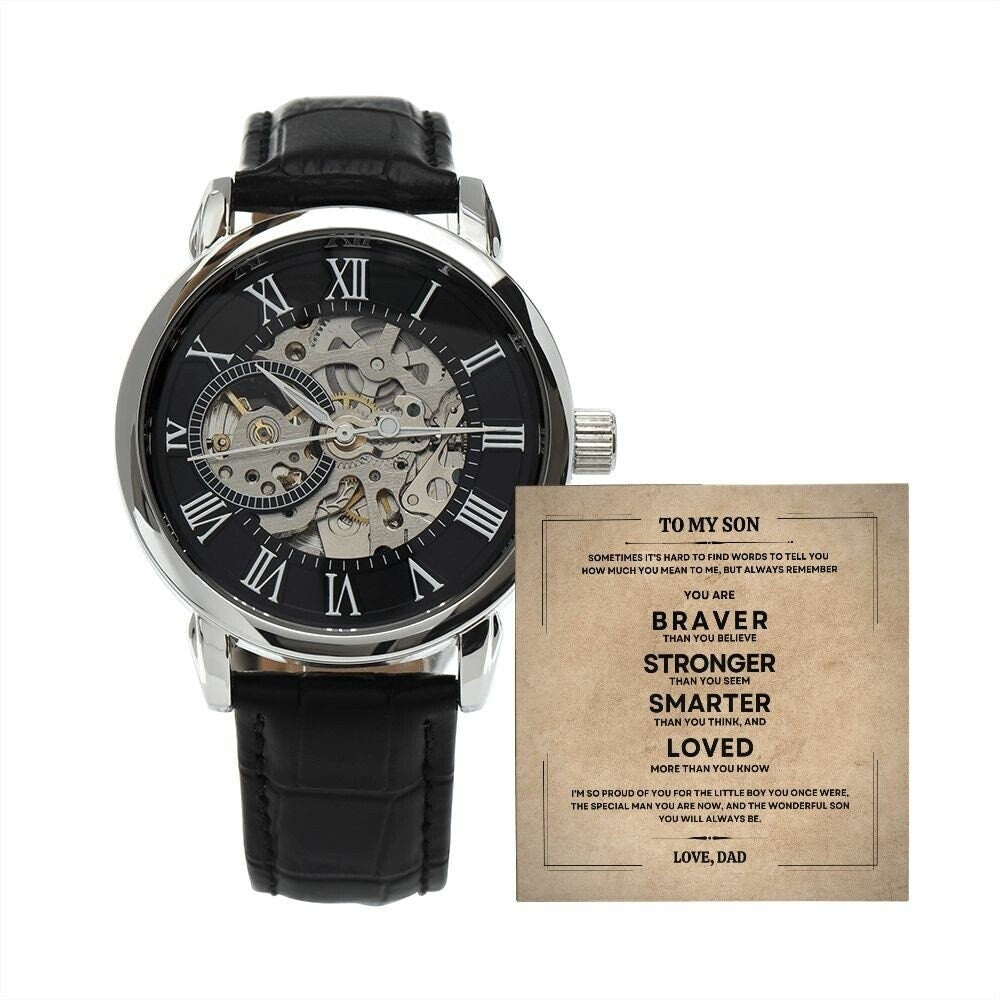 Men's Openwork Watch Gift To My Son with Mindful Message Card - From Dad, The perfect Christmas Gift, Birthday, Graduation, Wedding