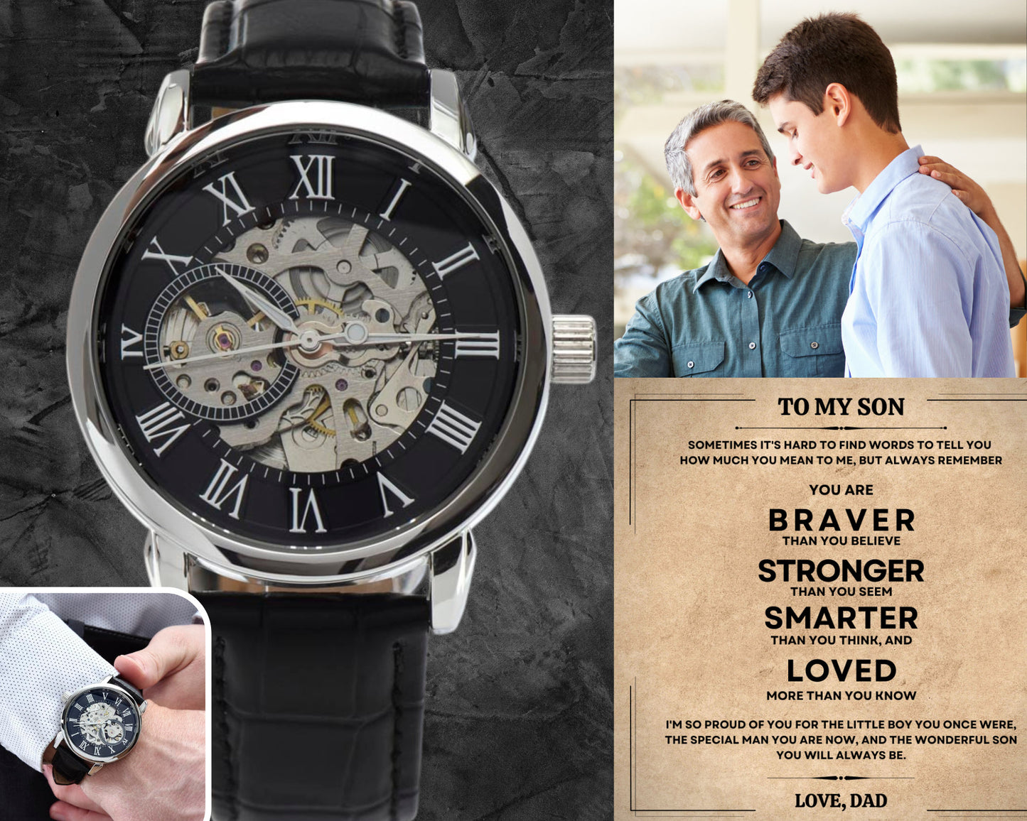 Men's Openwork Watch Gift To My Son with Mindful Message Card - From Dad, The perfect Christmas Gift, Birthday, Graduation, Wedding